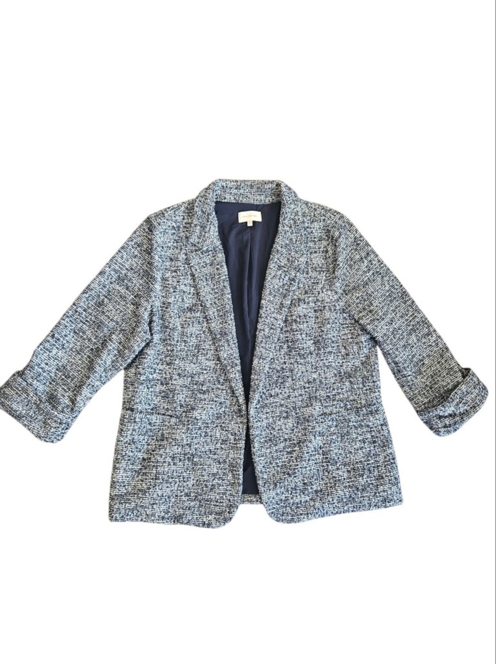 Skies are Blue Open-Front Knit Tweed Blazer Blue White Sz XXL Fall Soft Academia